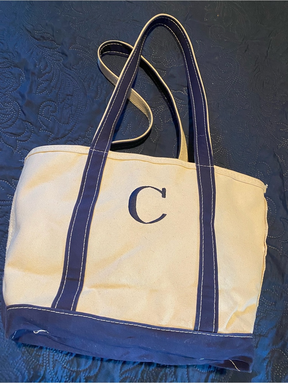 L.L.Bean Boat and Tote Medium Zip Top Navy Canvas Monogram C Made USA